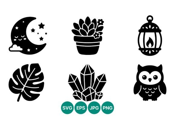 Black Moon Stars Plant Crystals Owl Graphics & Illustrations