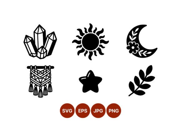 Boho Crystal Moon Star Sun Macrame Icons: Graphics & Illustrations