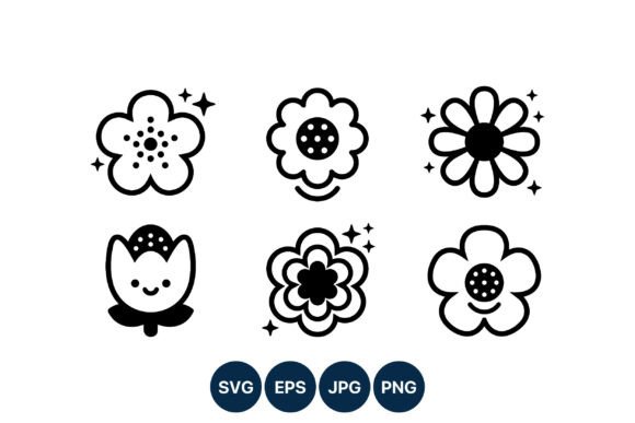 Cute Black White Flower Faces Vector: Playful Graphics & Illustrations