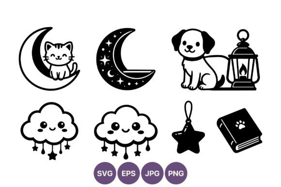 Cute Cat Dog Moon Stars Vector Icons: Graphics & Illustrations
