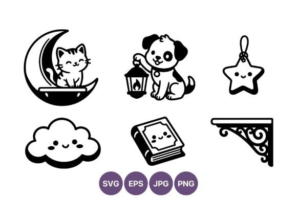 Cute Cat Moon Dog Lantern Star Cloud Graphics