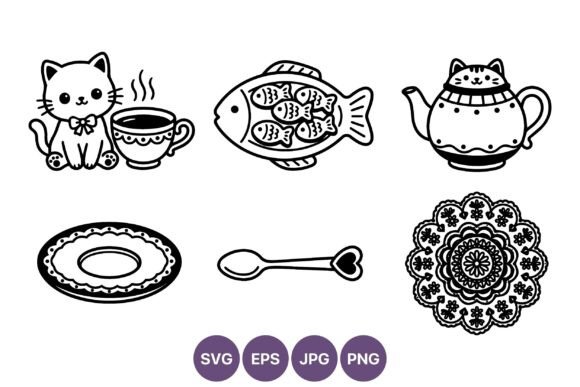 Cute Cat Tea Set Line Art: Graphics & Illustrations