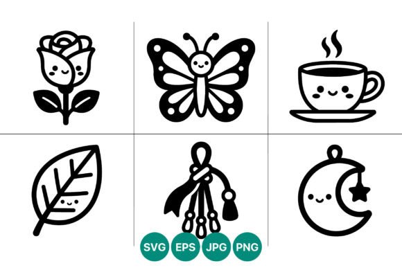 Cute Kawaii Black White Icon Set: Graphics & Illustrations for Local Branding