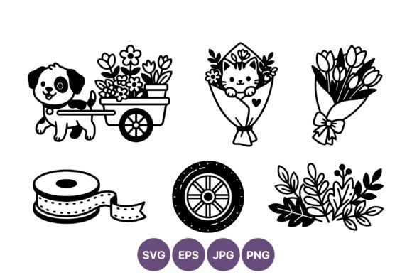 Dog and Cat Flower Bouquet Vector Set: Graphics & Illustrations